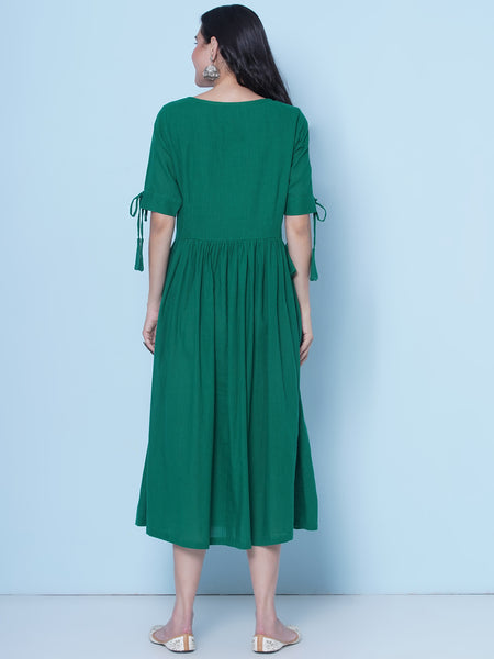 Green Cotton Mirror Embroidered Dress-wrk461