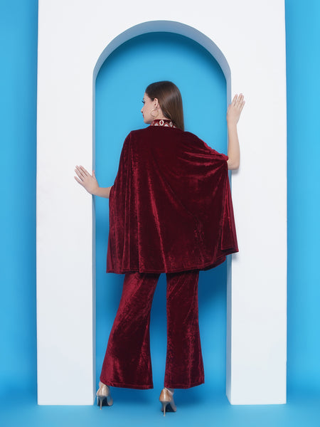 Maroon Embroidered Velvet 3 pcs Cape set-WRKS145