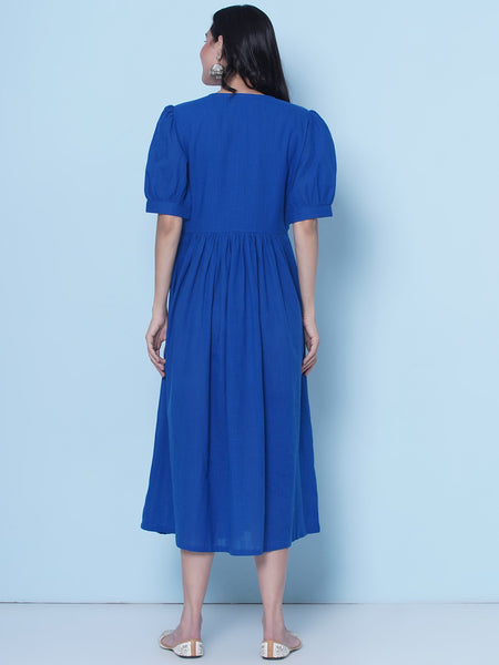 Blue Mirror Embroidered Empire Line Dress-WRK464