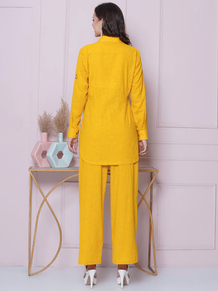 Yellow Cotton Embroidered Shirt with High Waist Pallazo-WRKS162Y