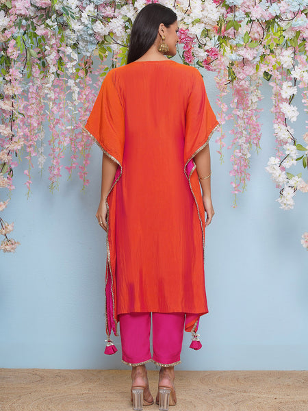 Orange And Pink Dual Tone Hand Embellished Kaftaan with Pants-WRKS197