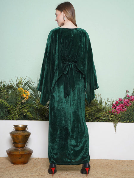 Green Velvet Cape Style Hand Embellished Gown with Belt-WRK453