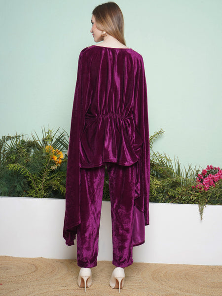 Wine Velvet Hand Embellished Kaftaan with Pants-WRK135