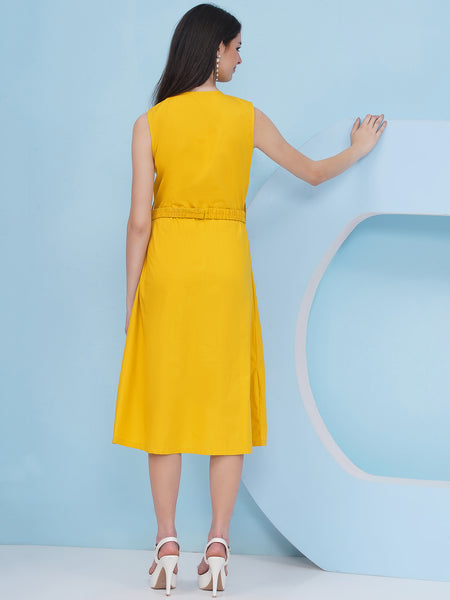 Yellow Cotton Dress with Belt and 3D Flower-WRK482