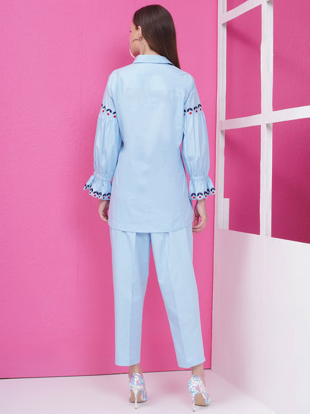 Blue Cotton Popline Embroiderd Shirt with Pant-WRKS167