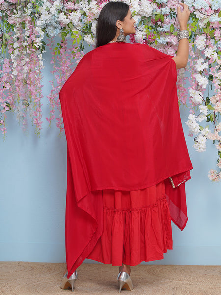 Red Full Length Anarkali Gown with Hand Embellished Cape-WRK472