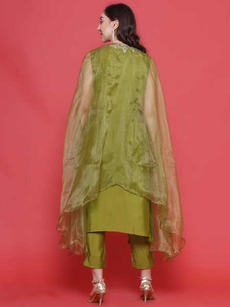 Green Muslin Set With Embroidered Organza Kaftaan Style Jacket-WRKS132
