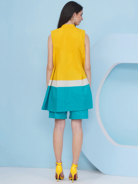 Yellow Loose Fit Top with Blue Shorts-WRKS481