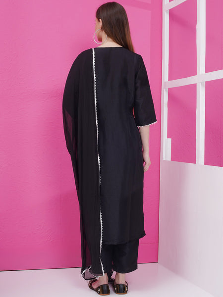 Black Silk Muslin Hand embellished Suit with Dupatta-WRS003