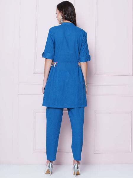 Blue Cotton Mirror Embroidered Coord Set-WRKS155