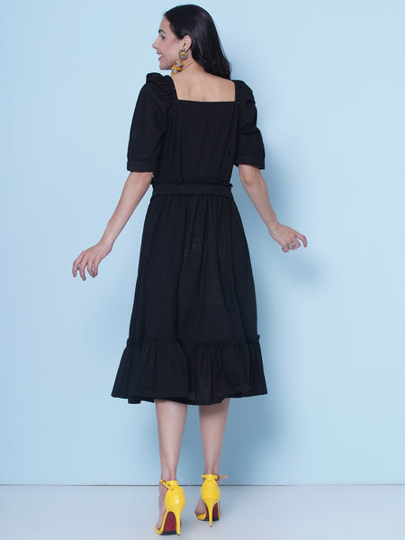 Black Cotton Dress with Belt and Pouch-WRK465
