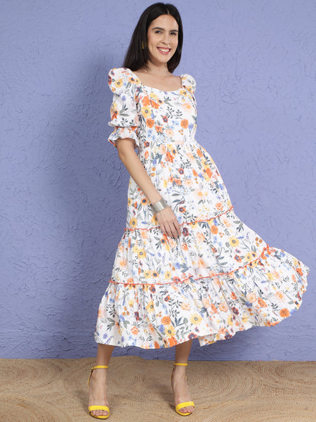 Floral Pure Cotton Tiered Dress-WRK290