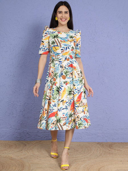 Tropical Poplin Printed Dress with Belt-WRK289