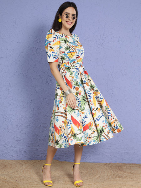 Tropical Poplin Printed Dress with Belt-WRK289