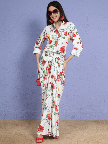 Floral Elegance Cotton Blend Shirt & Drape Skirt Set-WRKS268