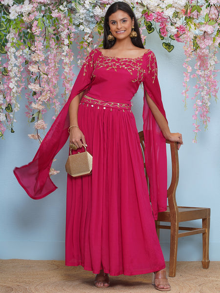 Pink Chinnon Hand embellished long sleeves kurta with Lehnga-WRKS196