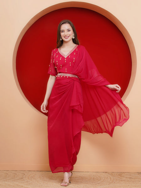 Pink Georgette Hand Embellished Choli with Drape Skirt and Belt-WRKS184