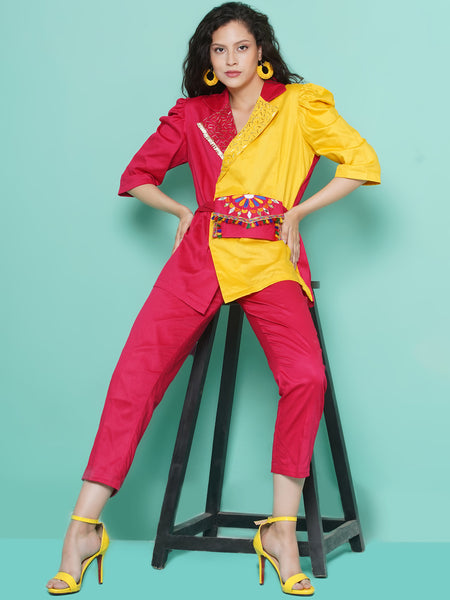 Pink and Yellow Cotton Silk Blazer Set-WRKS114