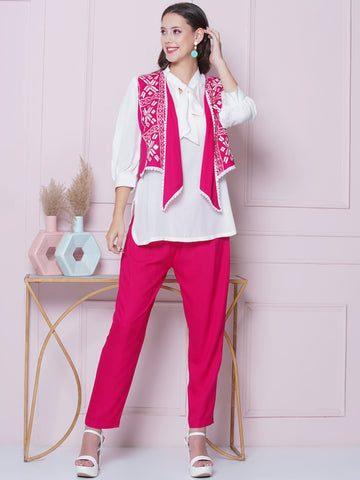 Pink Rayon Slub Embroidered Jacket with shirt and Pant-WRKS161