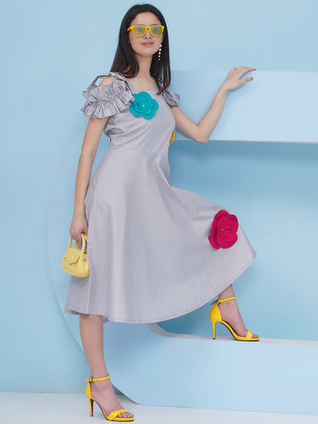 Grey Cotton Dress With 3 D Flowers-WRK483