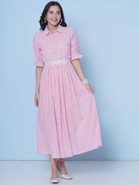 Baby Pink Cotton Hand Embellished Dress-WRK463