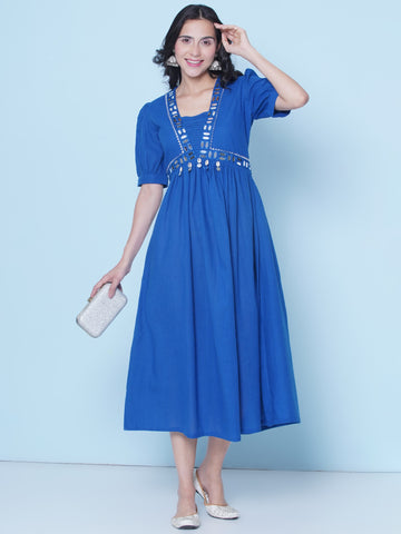 Blue Mirror Embroidered Empire Line Dress-WRK464