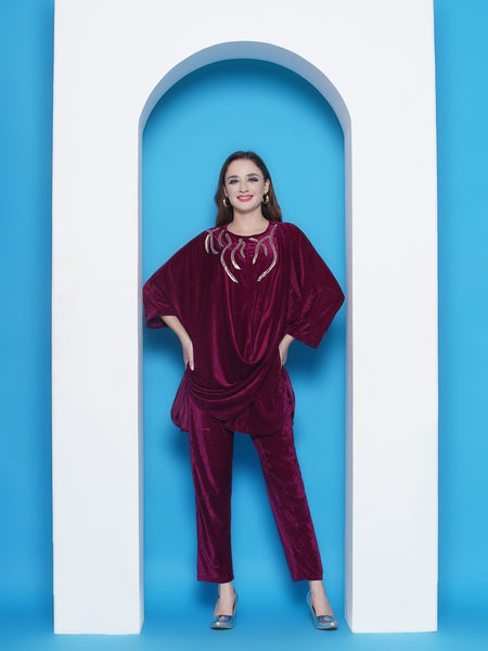 Wine Vevet Hand Embellished Drape Style Kurta with Pant-WRKS146