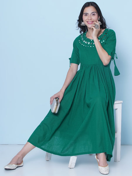Green Cotton Mirror Embroidered Dress-wrk461
