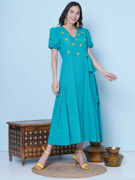 Blue Embroidered Angrakha Dress-WRK462