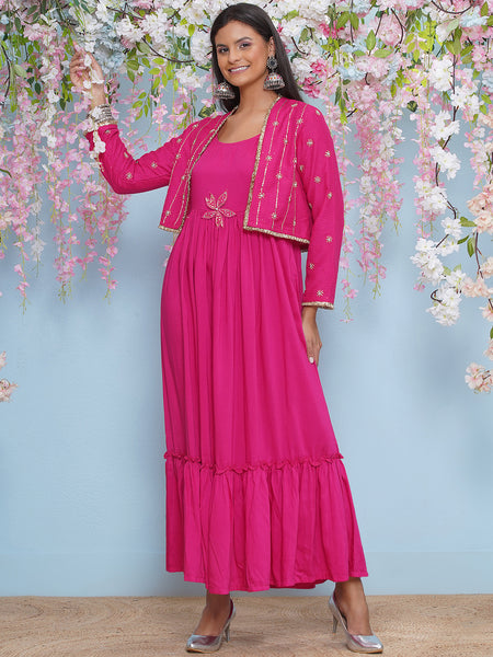 Pink Full Lenght Anarkali Gown with Hand embellished short jacket-WRK473