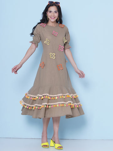 Brown Cotton Embroidered Dress-WRK458