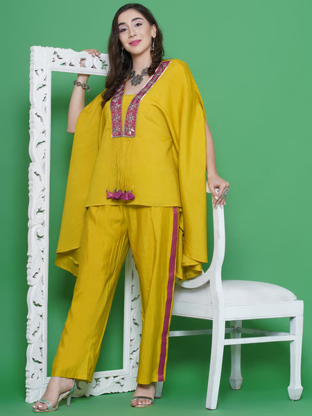 Lemon Yellow Muslin Hand Embellished Kaftaan Set-WRKS130