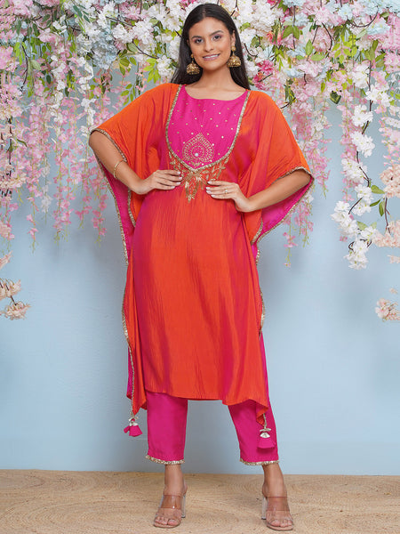 Orange And Pink Dual Tone Hand Embellished Kaftaan with Pants-WRKS197