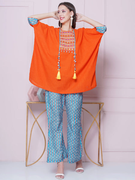 Orange Cotton Mirror Embroidered Kaftaan with Printed Bellbottom-WRKS159