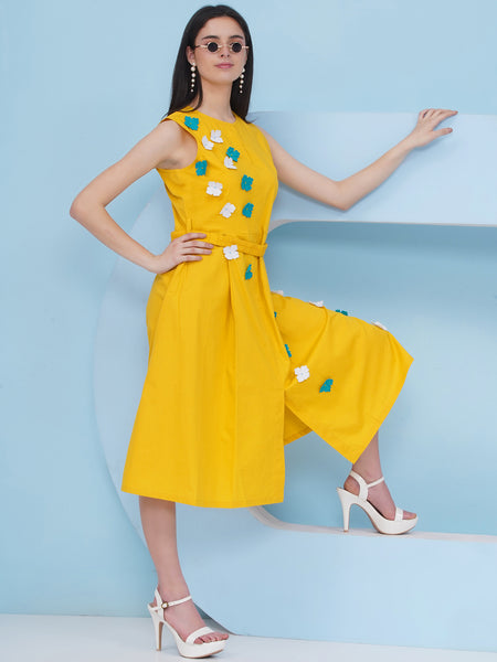 Yellow Cotton Dress with Belt and 3D Flower-WRK482