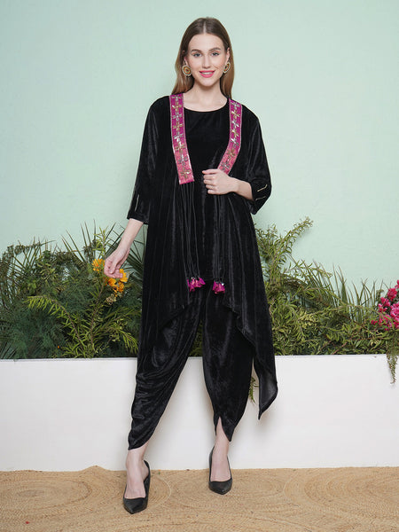 Black Velvet Hand Embellished Jacket with Inner and Dhoti Salwaar-WRKS138