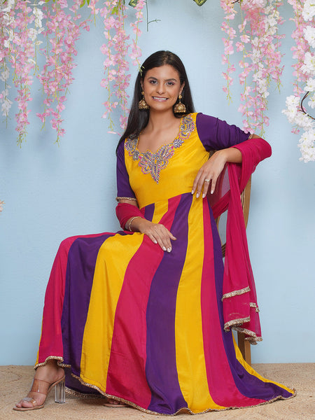 Multi Coloured Anrkali Gown with Dupatta-WRK474
