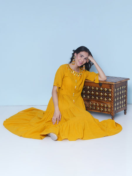 Yellow Cotton Mirror Embroidered Tiered Dress-Wrk459