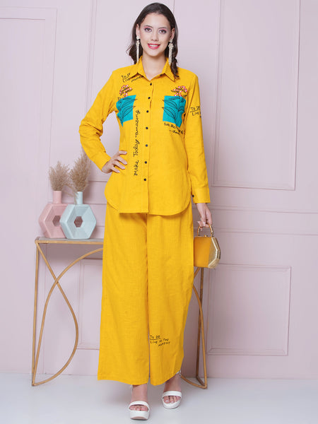 Yellow Cotton Embroidered Shirt with High Waist Pallazo-WRKS162Y