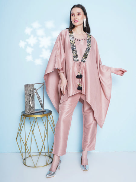 Rose Gold Silk Muslin 3 Pcs Hand Embellished Kaftaan Set-WRKS150