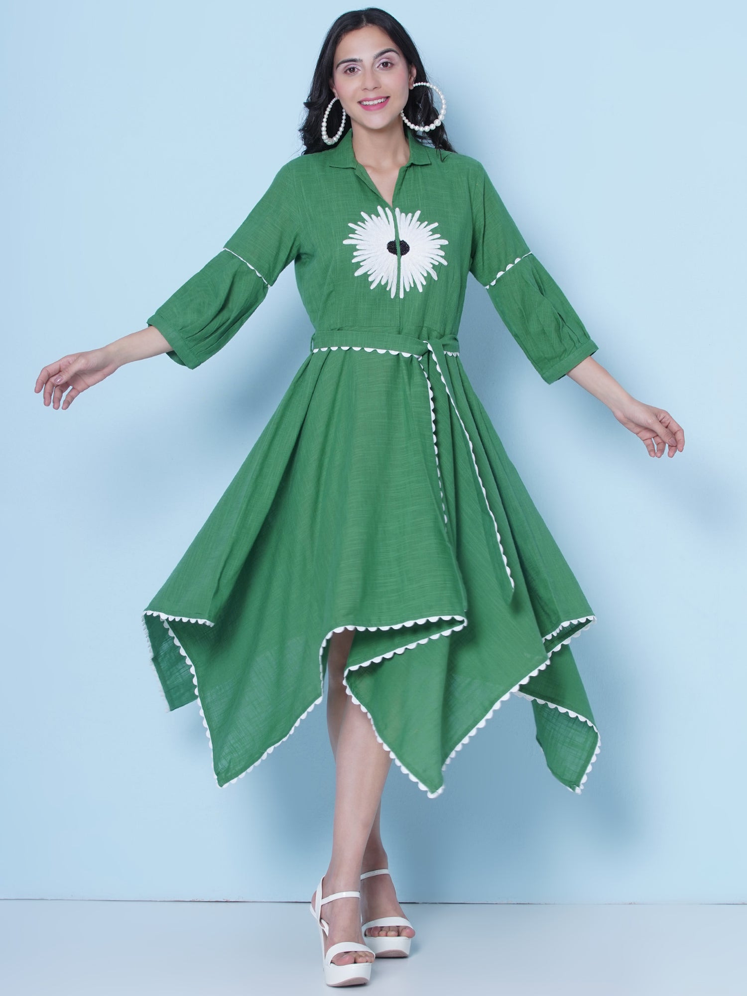Green Hand Embroiderd Cotton Dress-WRK466