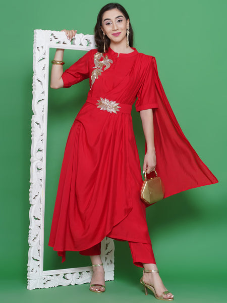Red Muslin Hand Embellished Drape Set-WRKS129R