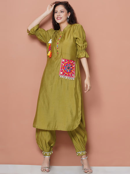Green Art Silk Emdroidered Afghani Set-WRKS116