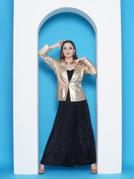 Golden Hand Embellished Blazer with Black velvet Jumpsuit-WRKS144