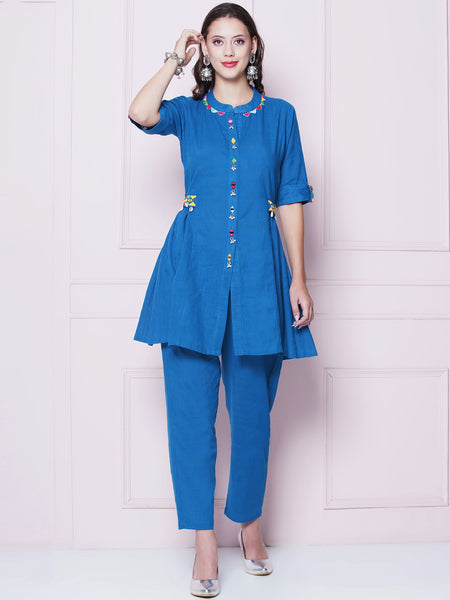 Blue Cotton Mirror Embroidered Coord Set-WRKS155
