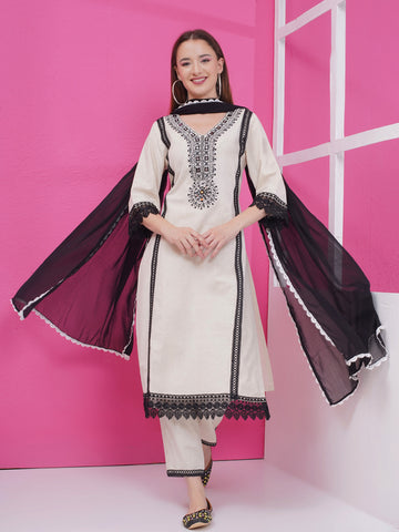 Off White Cotton Flex Embroidered Suit with Dupatta-WRS002