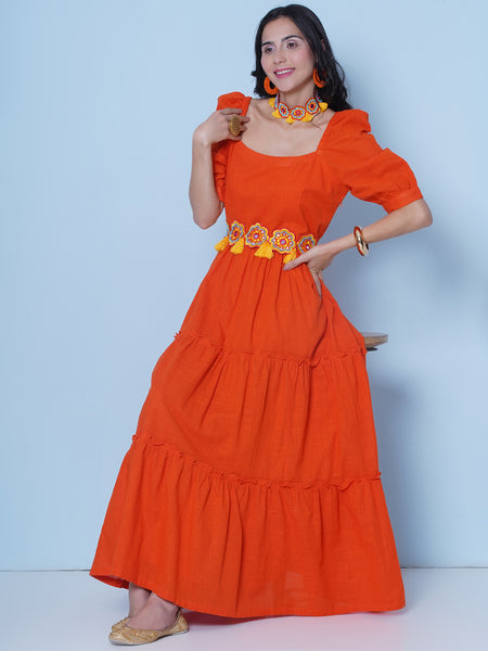 Orange Tiered Cotton Dress With belt and Necklace-WRK457