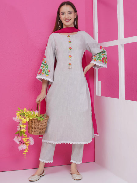 Grey Handloom Cotton Suit set with Dupatta-WRS001