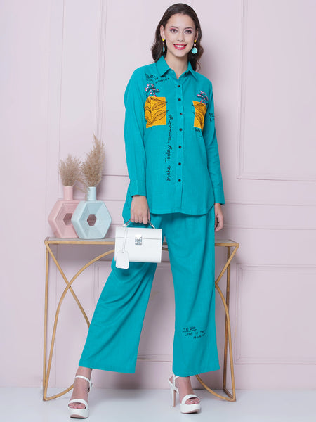 Blue Cotton Embroidered Shirt with High Waist Pallazo-WRKS162B