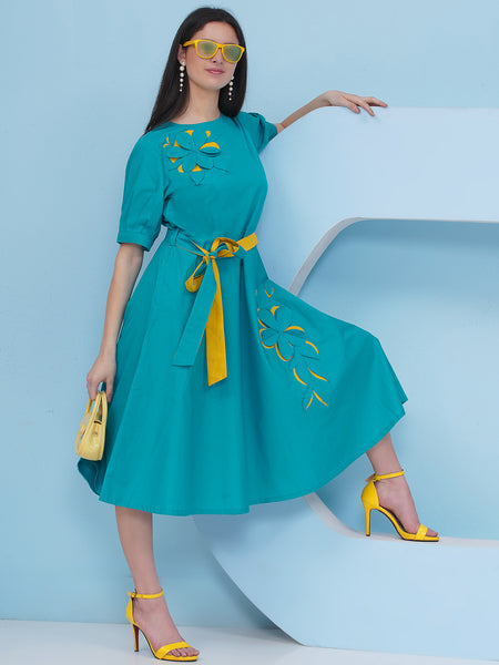 Blue Cotton Dress with 3D Embroidery-WRKS484